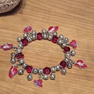 Red Hat Lady's Bracelet Red and Silvertone Beads and Charms Stretch